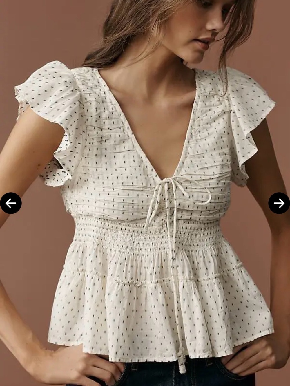 Anthropologie Cream Dot Smocked Peplum Top - Picture 4 of 4